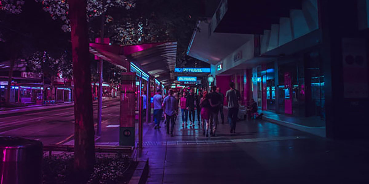 A busy street at night