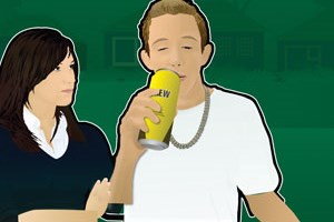 Young lad drinking from a can whicle a girl watchs