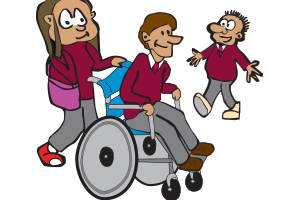 Three kids one in a wheel chair greeting each other at school