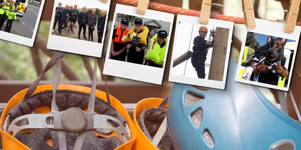 Row of pegged photos above some climbing helmets